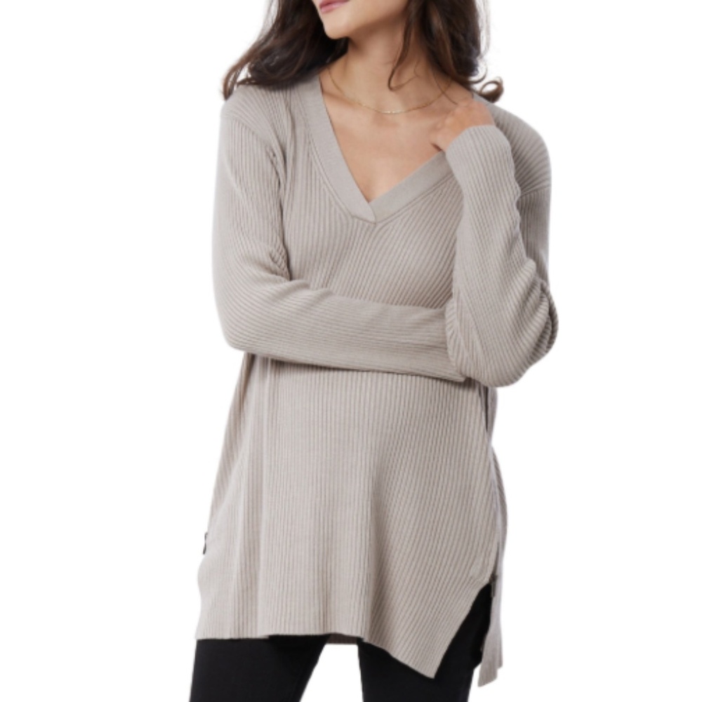 Maternity V-Neck Ribbed Sweater - Tan
